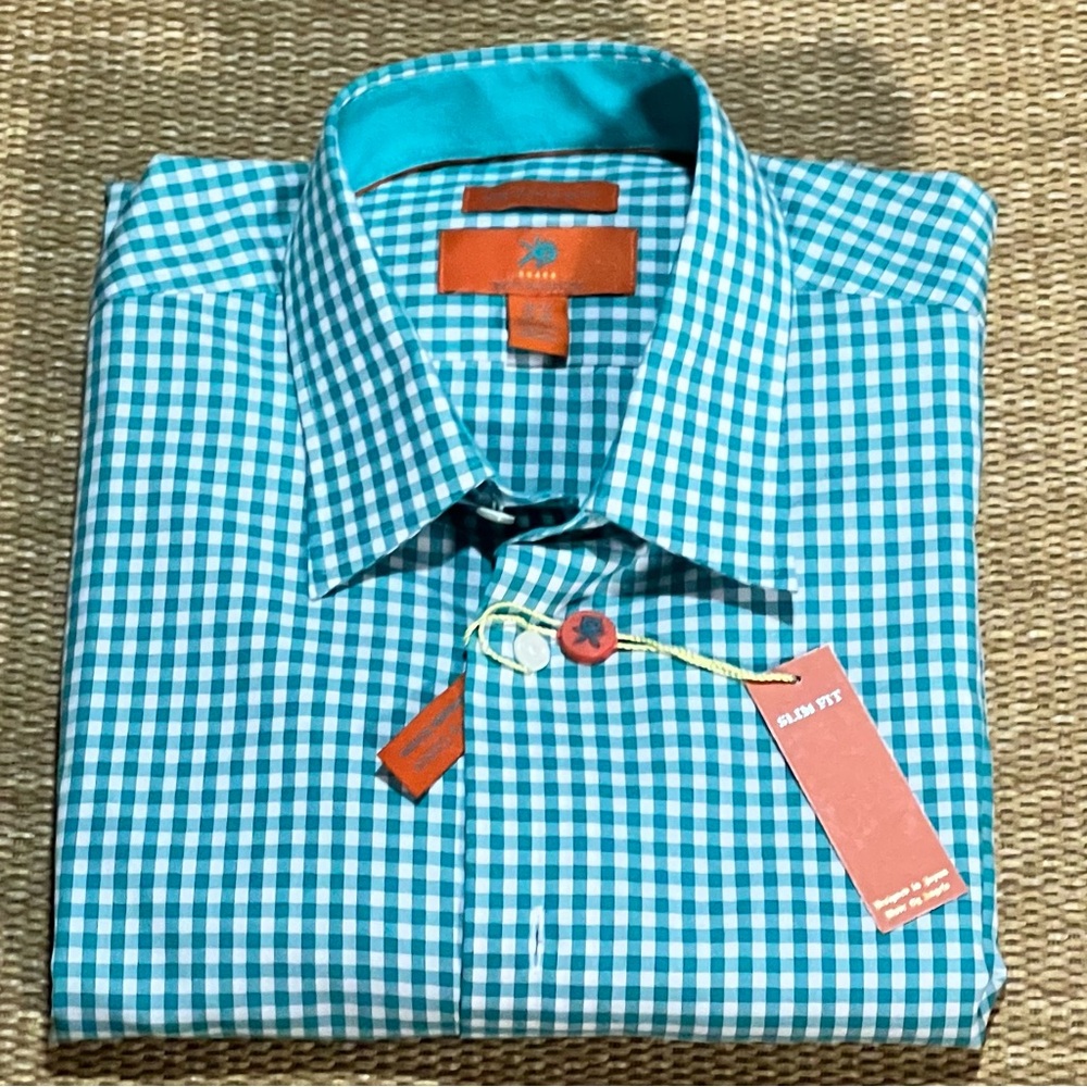Egara Men’s Non Iron Egyptian Cotton Button Up Shirt Checkered Turquoise  NWT